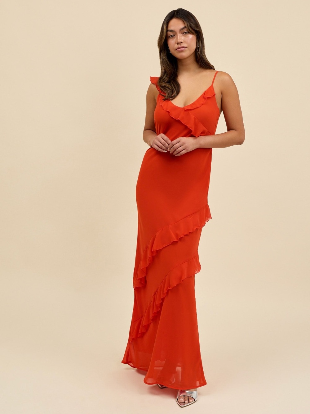 Park & Fifth Orange Ruffle V-Neck Maxi Dress